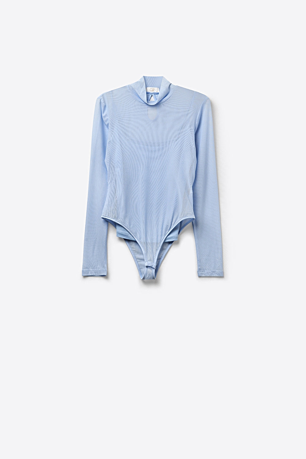body de gola alta com mangas compridas em chiffon de malha transparente na cor azul claro