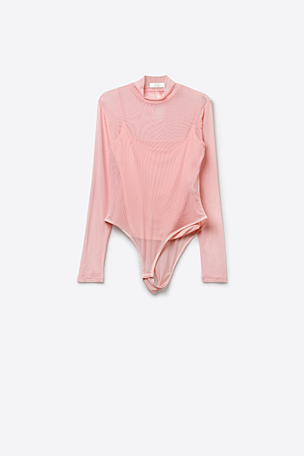 Body de manga comprida em malha transparente cor-de-rosa com gola redonda