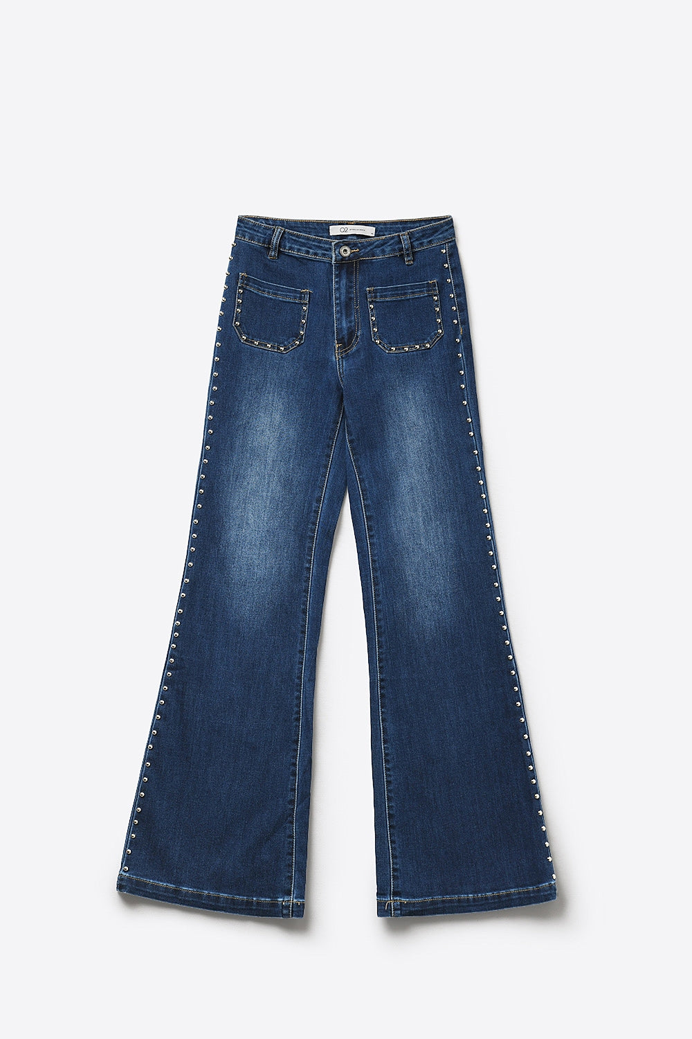 Calça Jeans Azul Médio de Perna Larga com Detalhe de Tachas Laterais