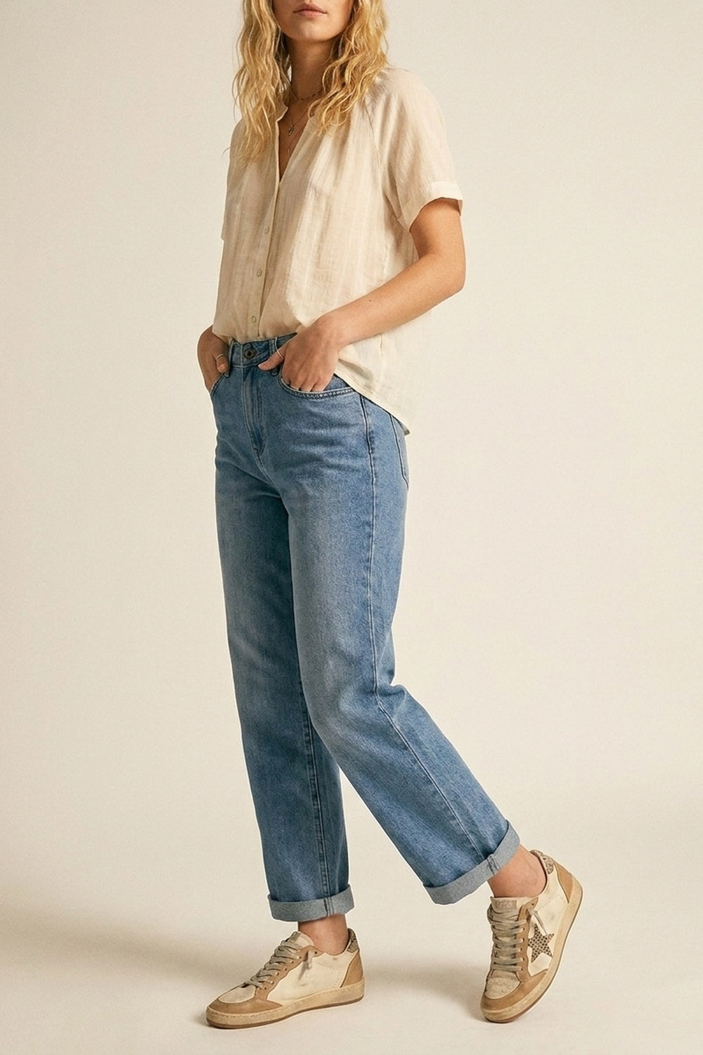 Q2 Calça Jeans Denim Azul Clássica de Perna Reta com cintura média