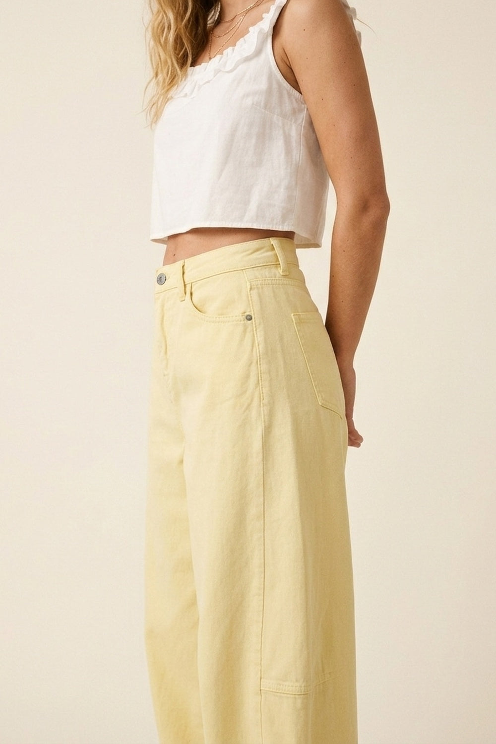 Calças Amarelo-Claro de Algodão de Perna Larga com costura lateral