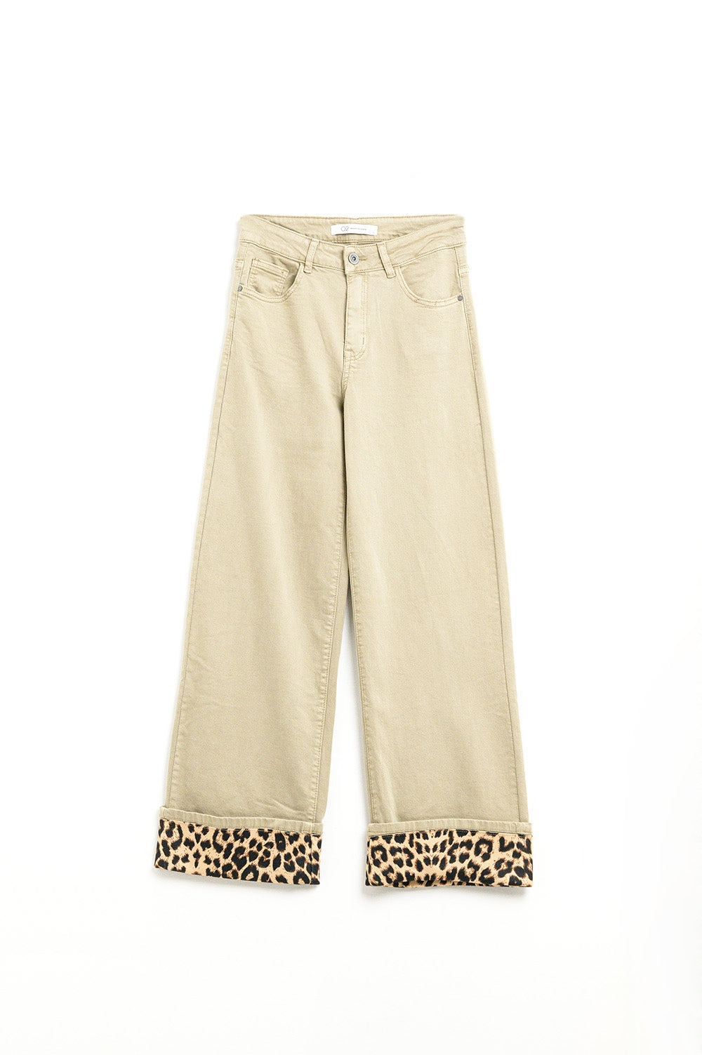 Q2 Calças bege de perna larga com estampado de leopardo na parte inferior