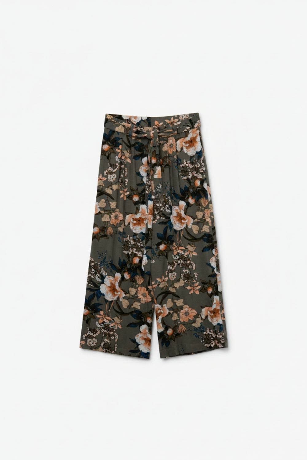 Q2 Calças cáqui de perna larga com estampado floral