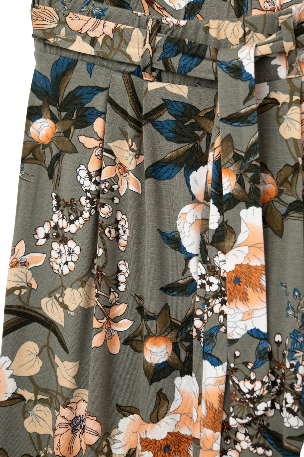 Calças cáqui de perna larga com estampado floral