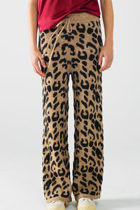 Calças com estampado de leopardo com malha elástica e pormenor de cordão