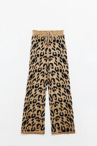 Calças com estampado de leopardo com malha elástica e pormenor de cordão