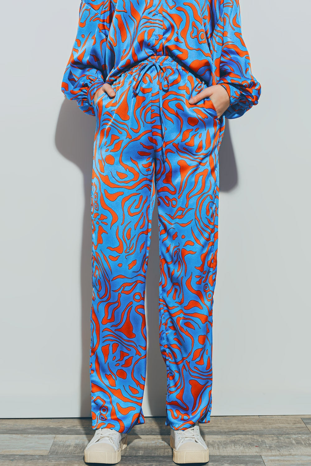 Q2 Calças de Cetim com Cintura Elástica em Azul