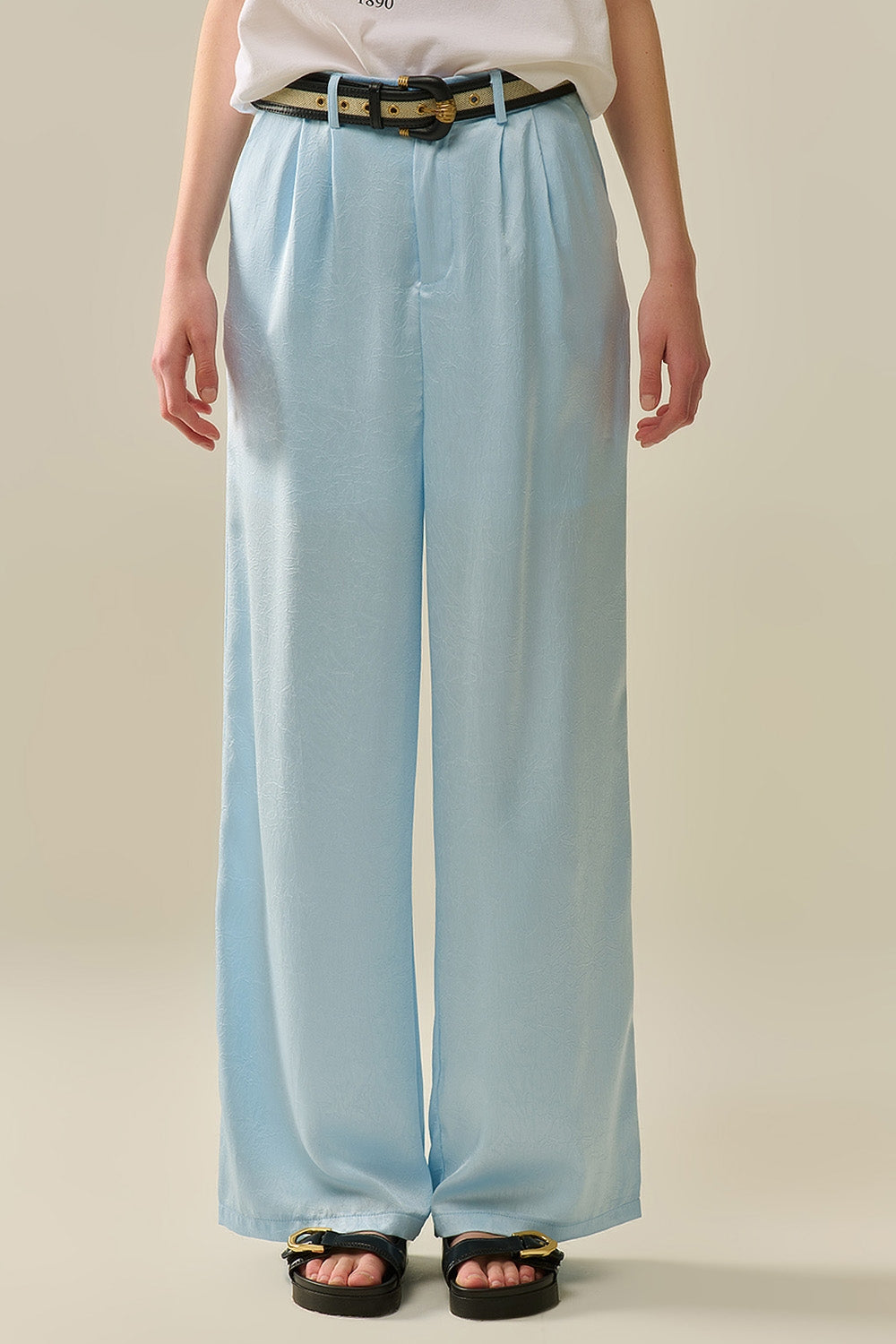 Q2 Calças de cetim sob medida com perna larga em azul bebê