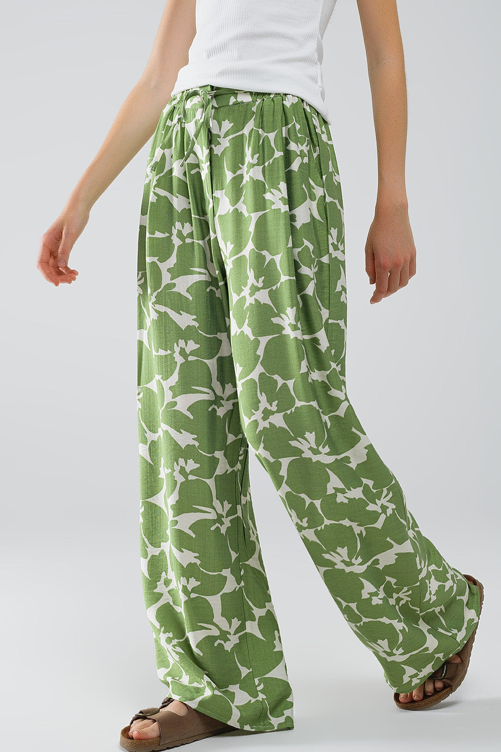 Q2 Calças de cintura elástica de perna larga com estampado floral verde