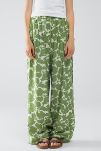 Calças de cintura elástica de perna larga com estampado floral verde
