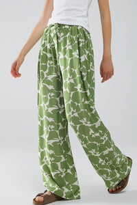 Q2 Calças de cintura elástica de perna larga com estampado floral verde