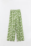 Calças de cintura elástica de perna larga com estampado floral verde