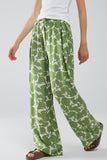 Q2 Calças de cintura elástica de perna larga com estampado floral verde