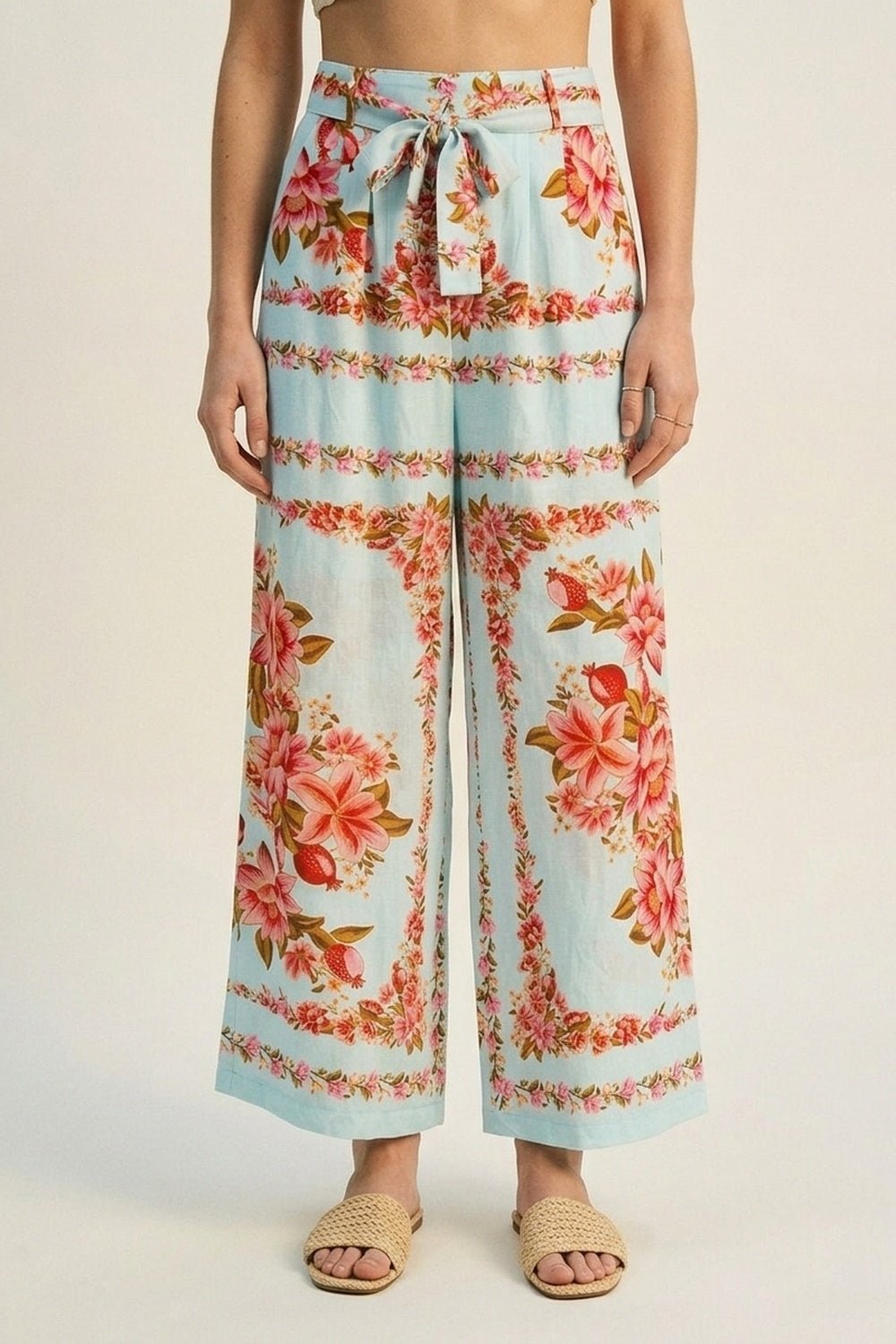 Q2 Calças de cintura larga de algodão com estampado floral azul claro