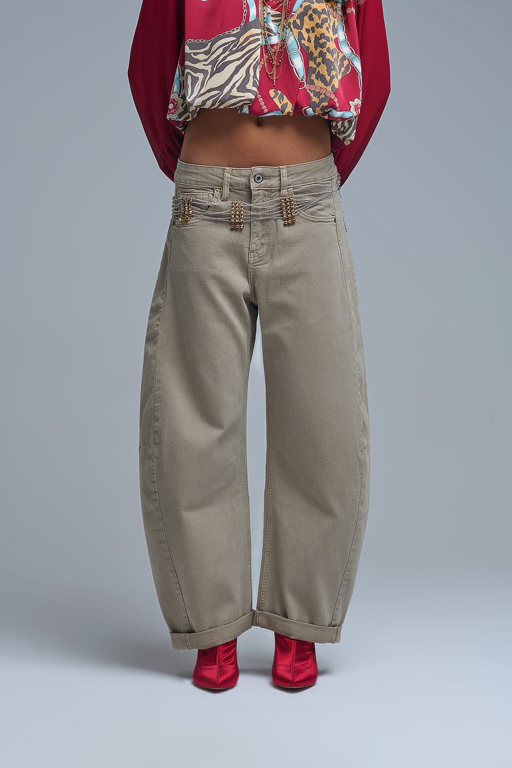 Q2 Calças de ganga baggy Barrel bege na moda com bolsos