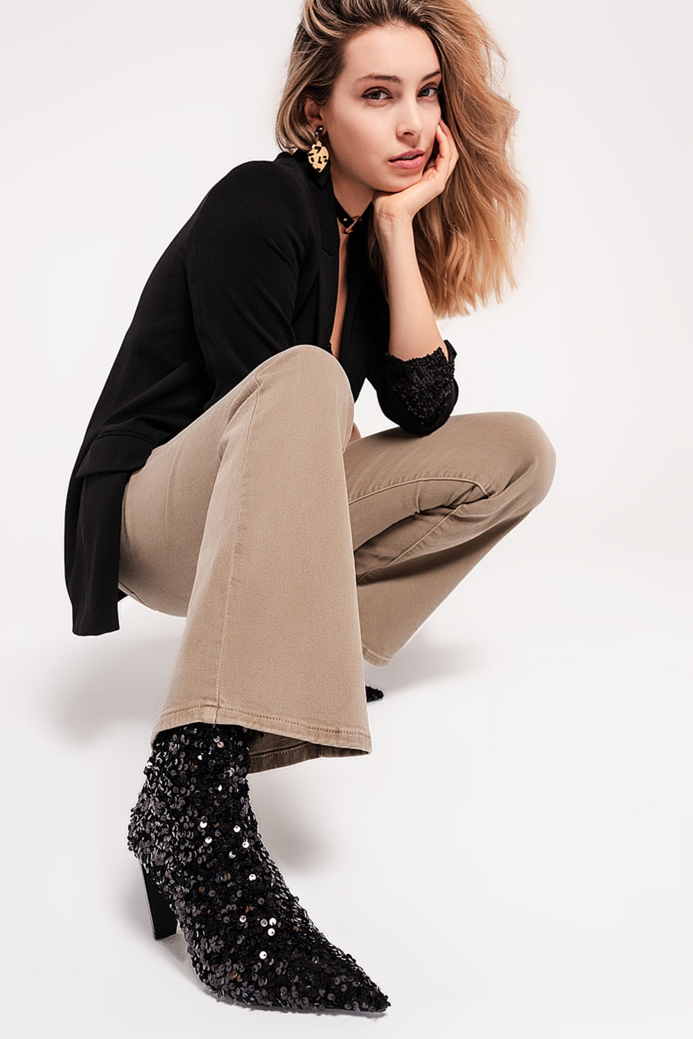 Q2 Calças de ganga bege flare