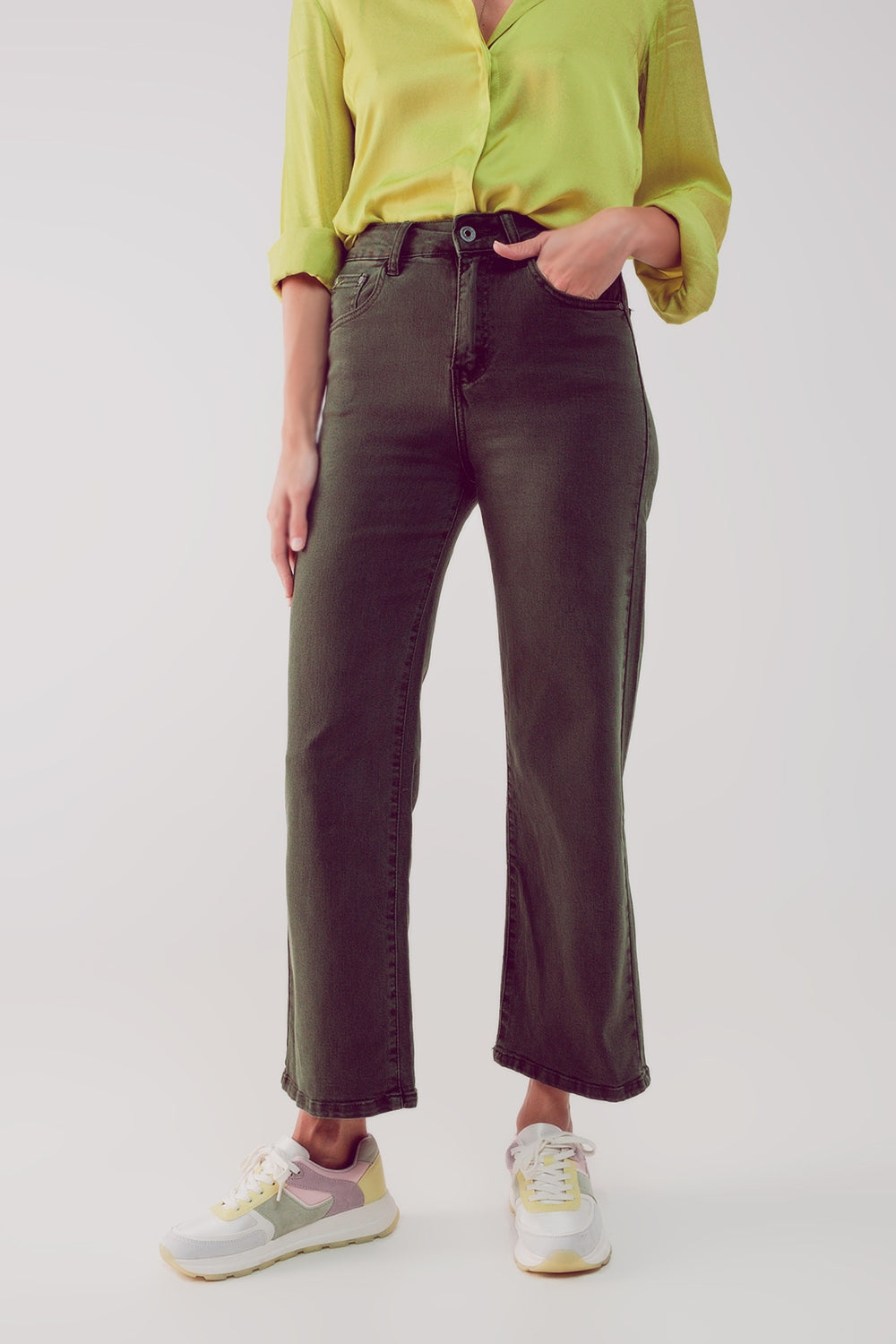 Calças de ganga capri cáqui com pernas largas