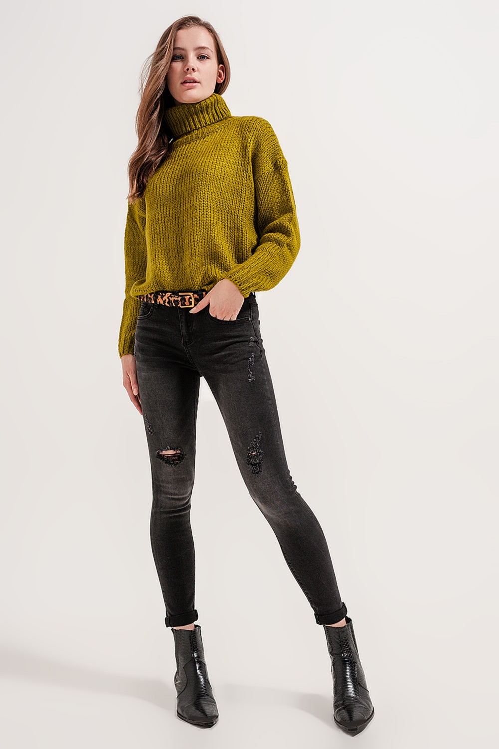 Calças de ganga cinzentas skinny com desenho rasgado