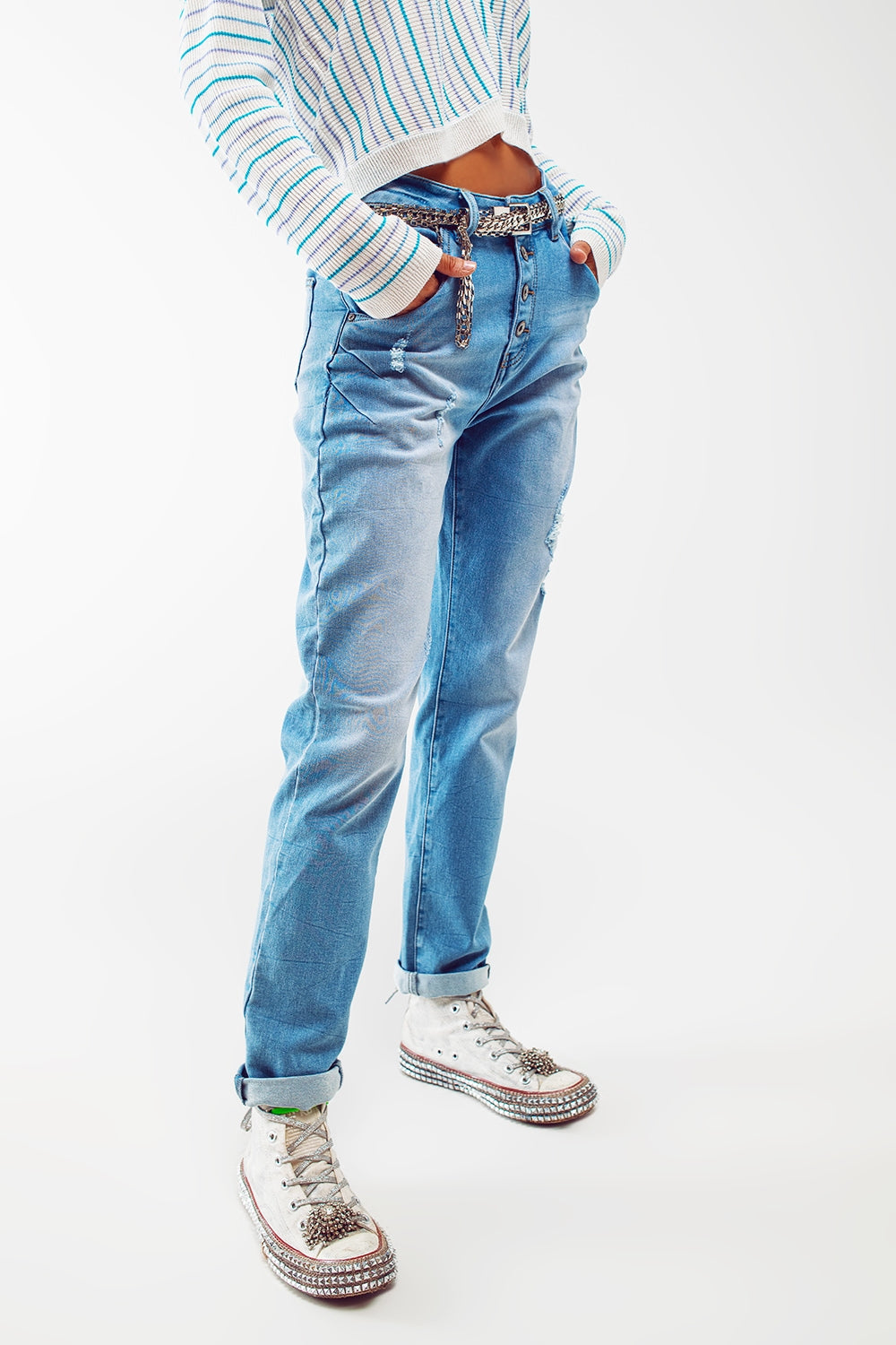 Calças de ganga com botões de cintura alta