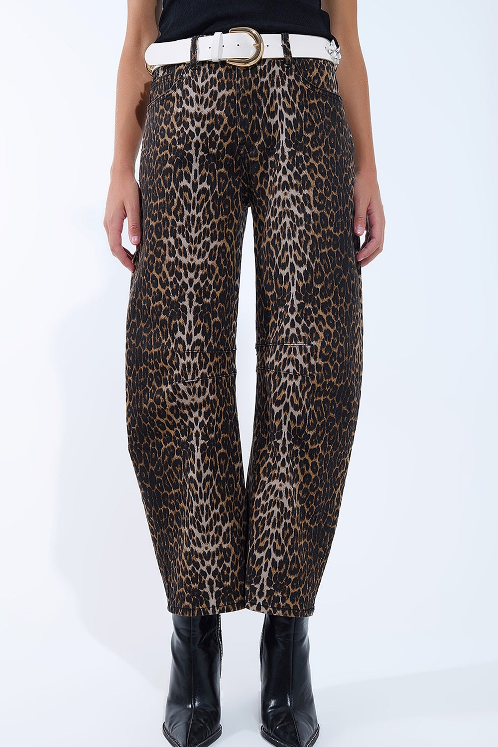Q2 Calças de ganga com estampado leopardo Barrel