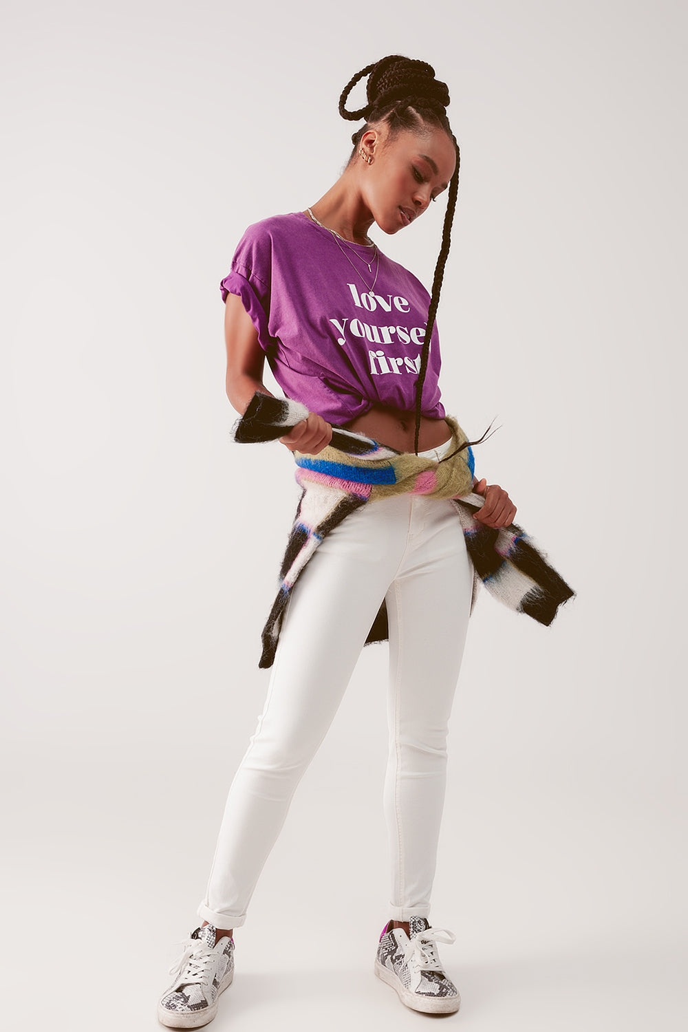 Calças de ganga de cintura alta na cor creme