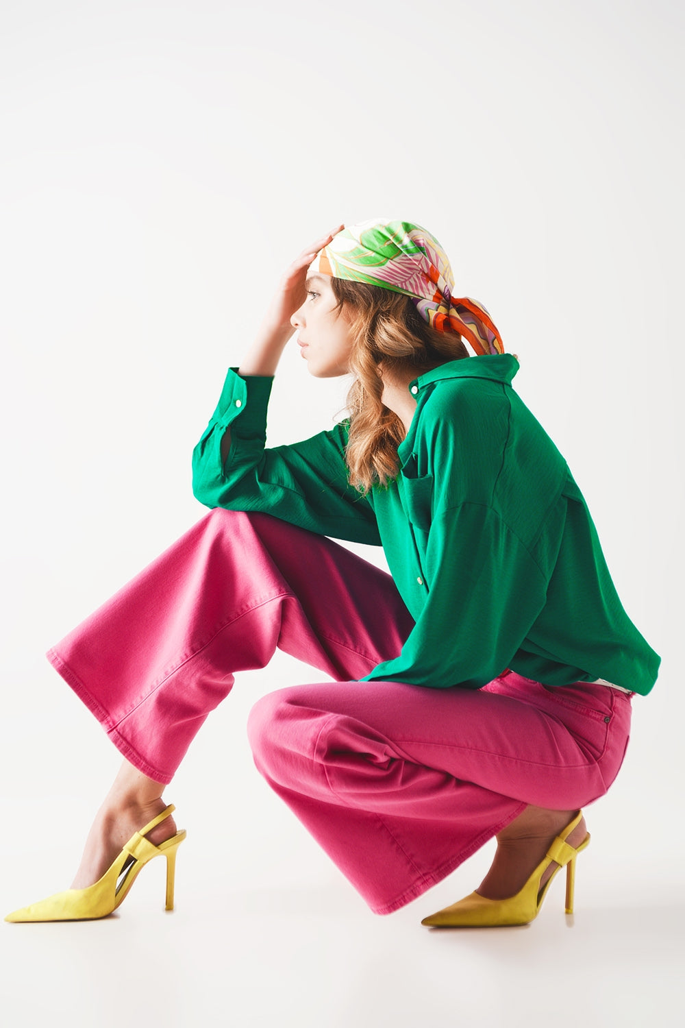 Calças de ganga de fundo largo em mistura de algodão rosa