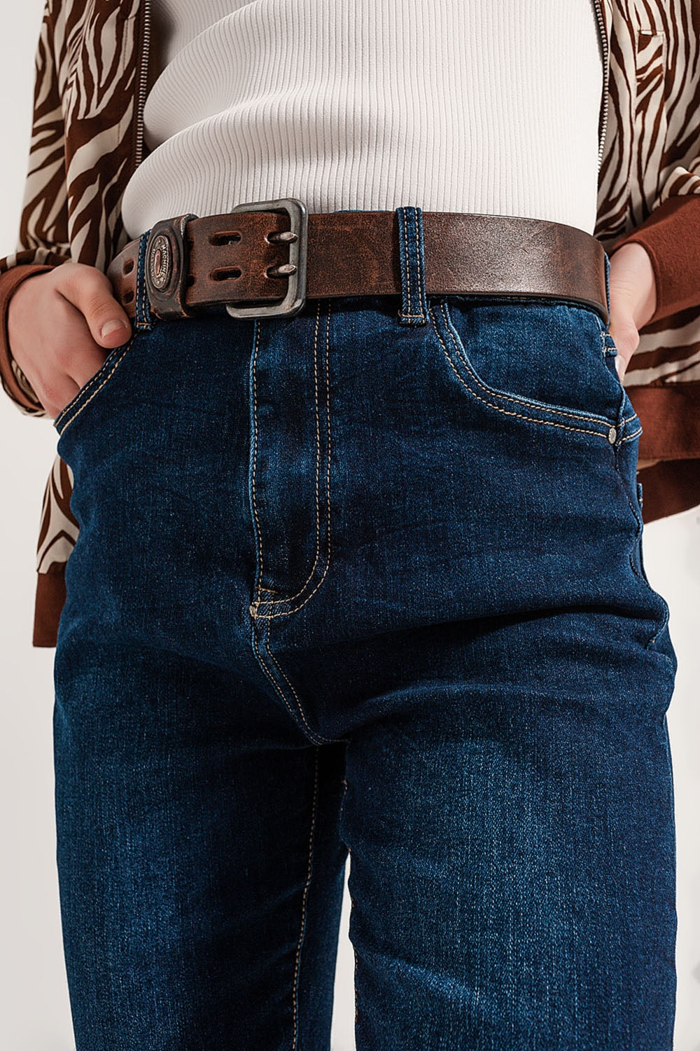 Calças de ganga de perna direita mistura de algodão