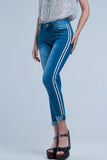 Q2 Calças de ganga denim com listra ao lado