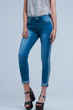 Calças de ganga denim com listra ao lado
