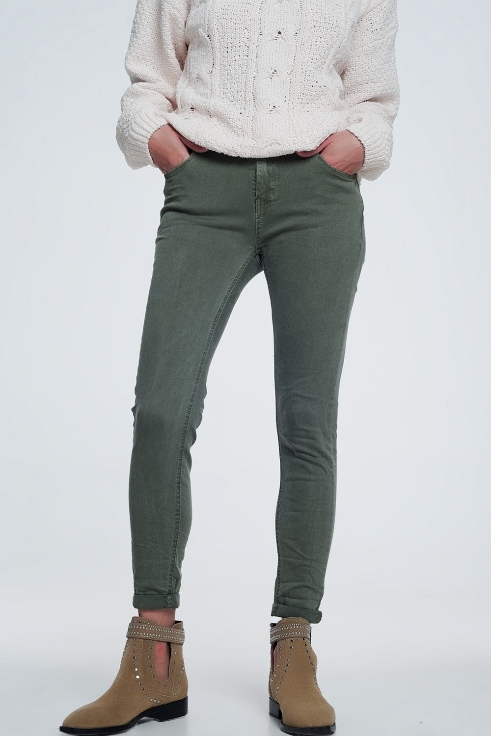 Q2 Jeans skinny de cintura alta em verde