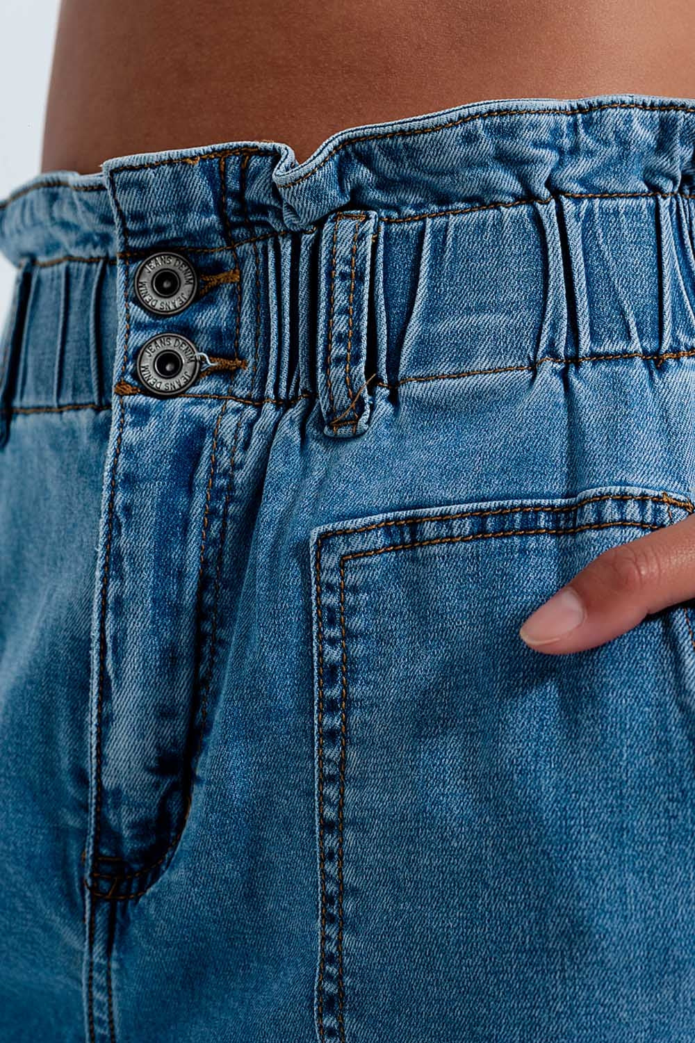 Calças de ganga Mom médias azul com cintura de saco de papel