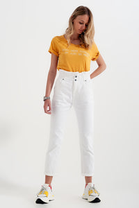Calças de ganga Mom com cintura elástica em branco