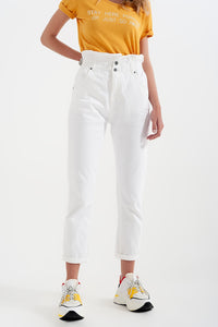 Calças de ganga Mom com cintura elástica em branco