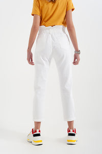 Calças de ganga Mom com cintura elástica em branco