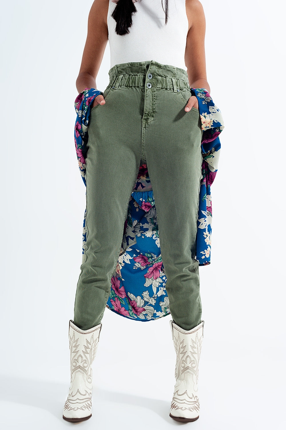 Calças de ganga Mom com cintura elástica em cáqui