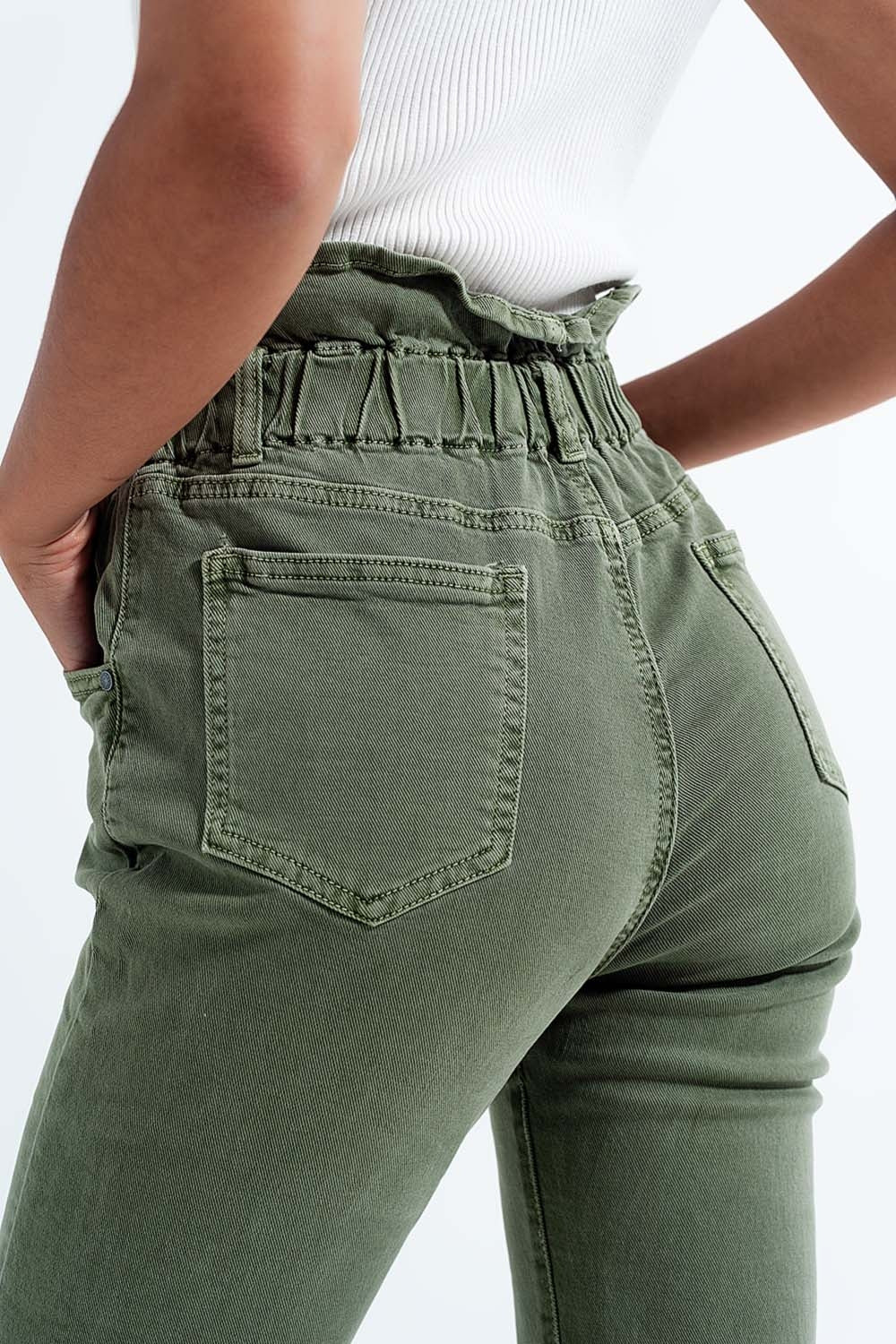 Calças de ganga Mom com cintura elástica em cáqui