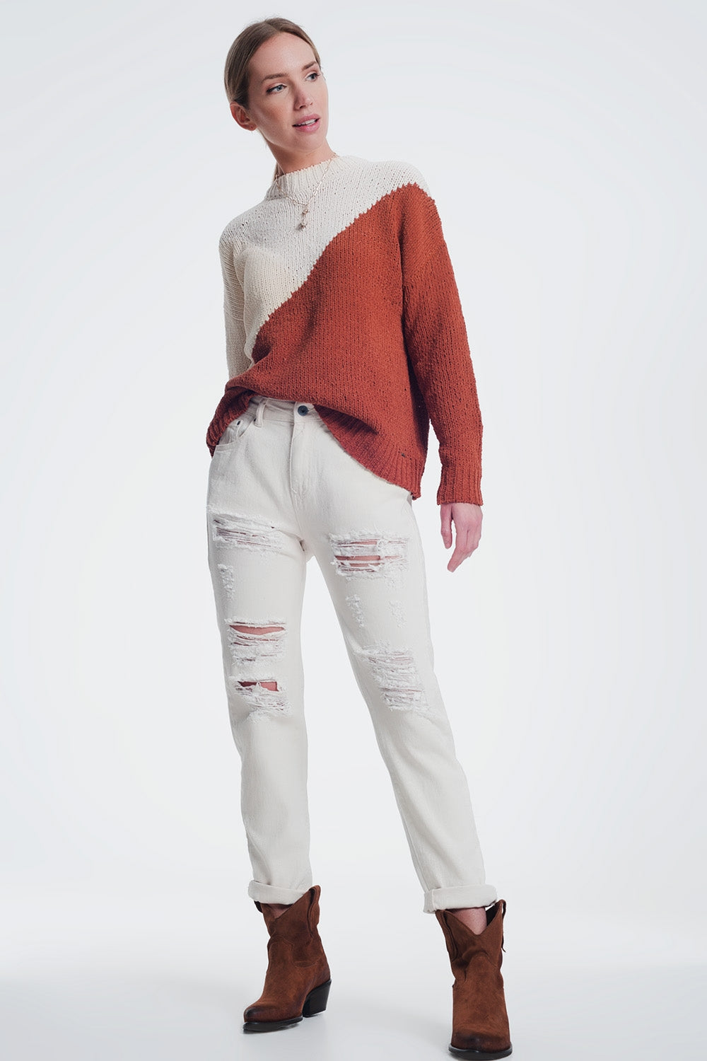 calcas de ganga rasgado namorado em bege