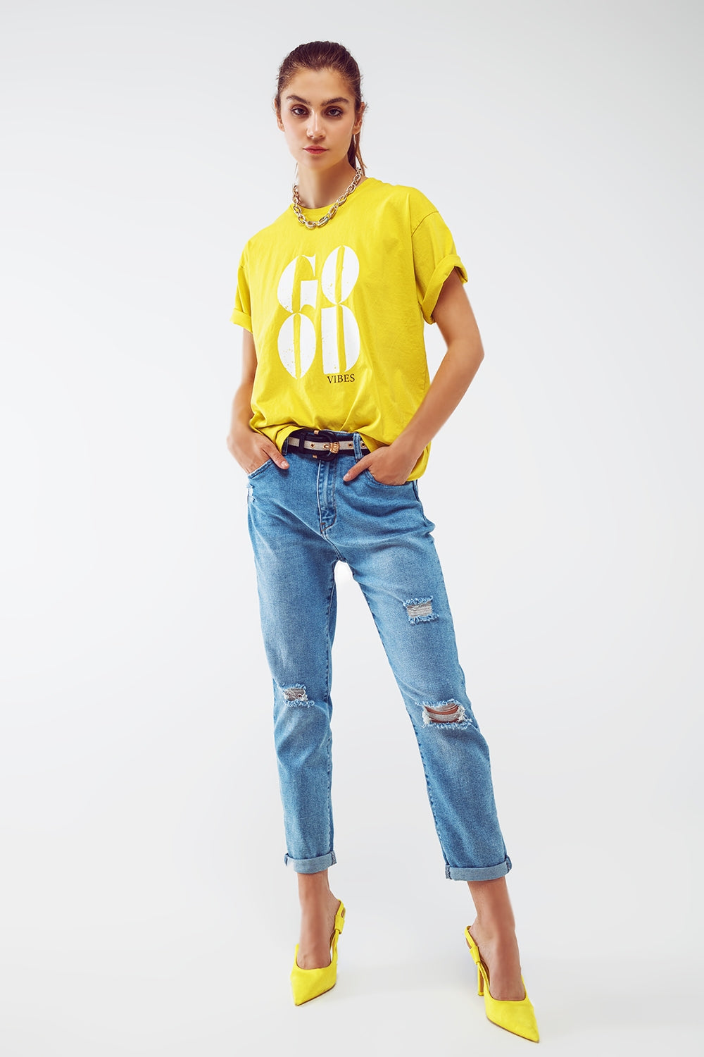 Calças de ganga Regular rasgada em lavagem azul claro