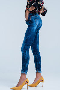 Calças de ganga skinny Azuis enrugado cintura alta