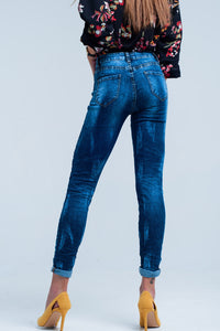Calças de ganga skinny Azuis enrugado cintura alta
