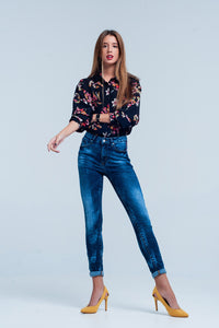 Calças de ganga skinny Azuis enrugado cintura alta