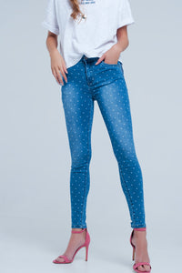 Q2 Calças de ganga skinny bolinhas imprimir