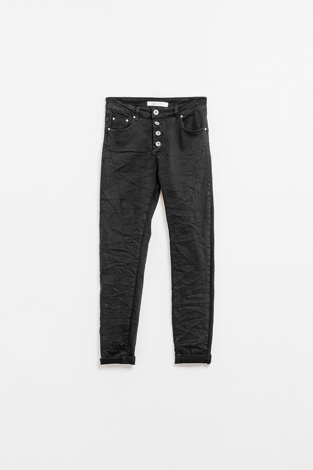 Q2 Calças de ganga skinny com botões expostos em preto