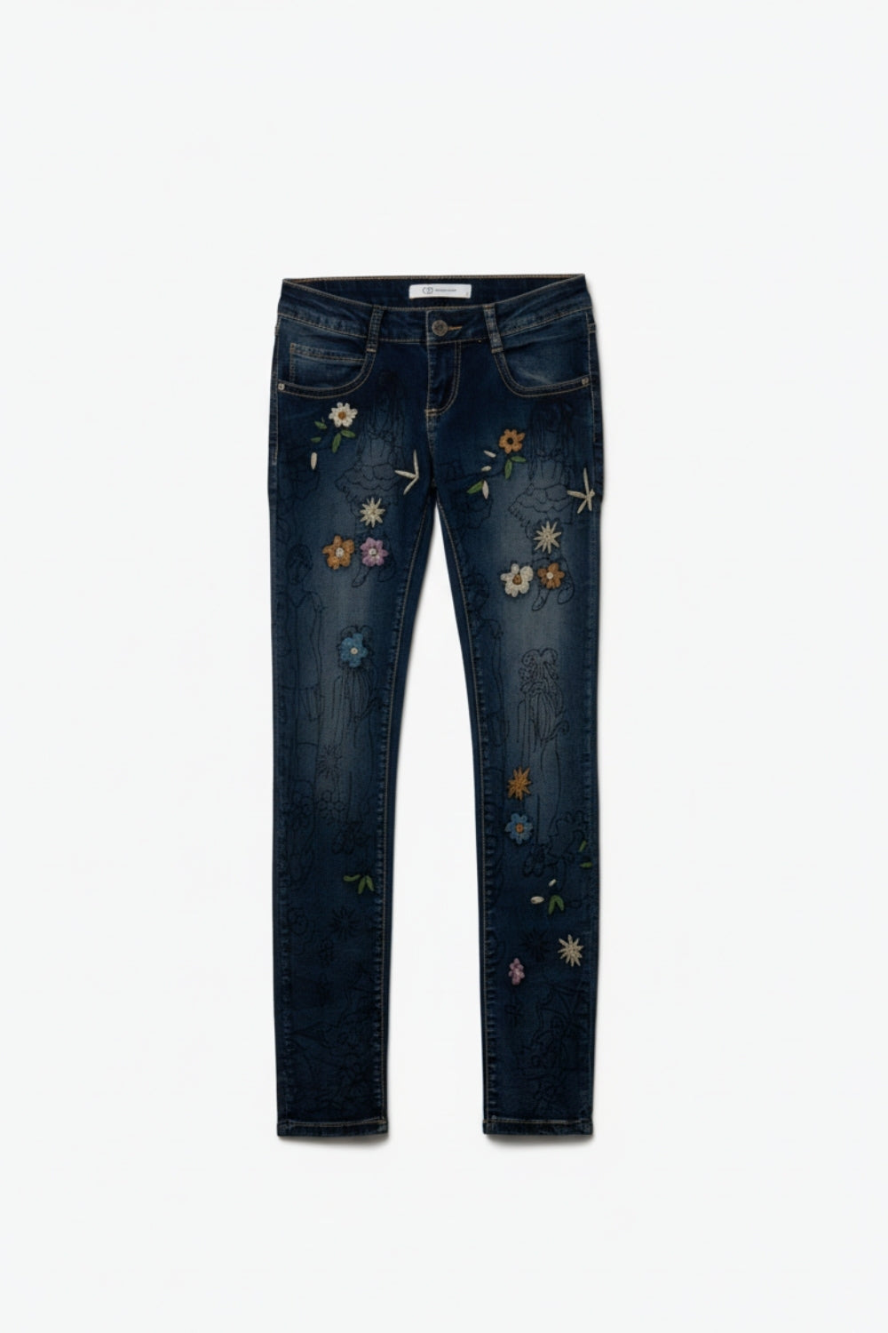 Q2 Calças de ganga skinny com flores bordadas multicoloridas