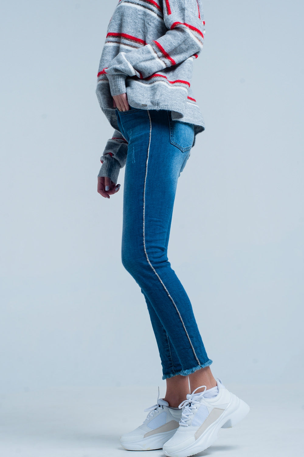 Q2 Calças de ganga skinny com listra lateral strass