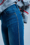 Calças de ganga skinny com listra lateral strass