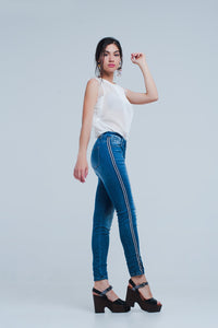 Calças de ganga skinny com listras na costura lateral