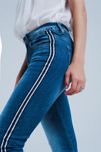 Calças de ganga skinny com listras na costura lateral