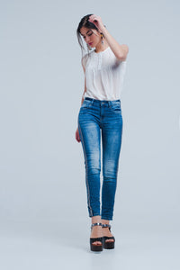 Calças de ganga skinny com listras na costura lateral