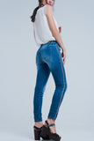 Q2 Calças de ganga skinny com listras na costura lateral